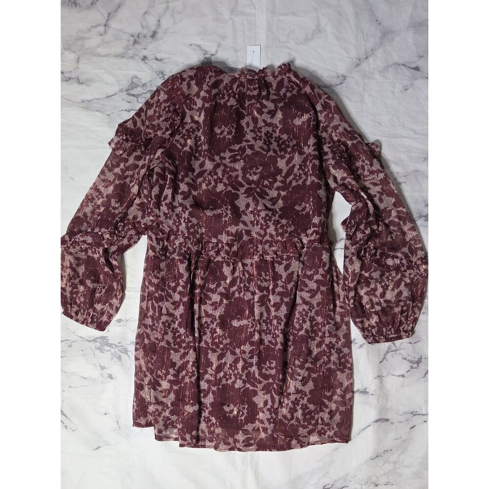 Loft Burgundy Floral Shimmer Ruffle Tie Neck Dress - Picture 7 of 7